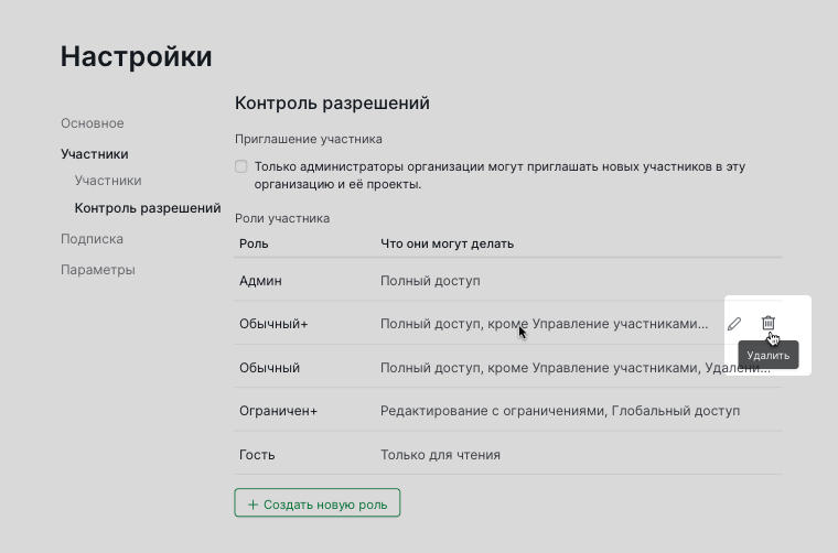 Удаление роли разрешений