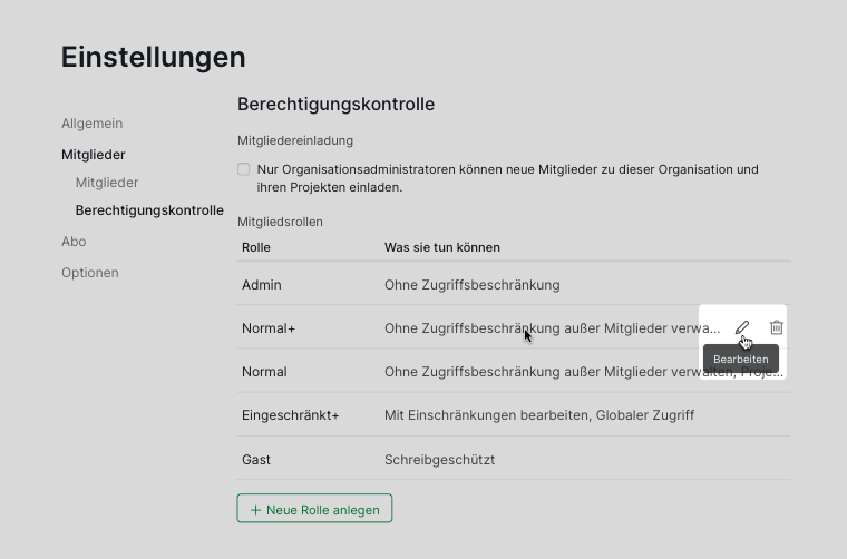 Berechtigungsrollen in den Quire-Organisationseinstellungen bearbeiten