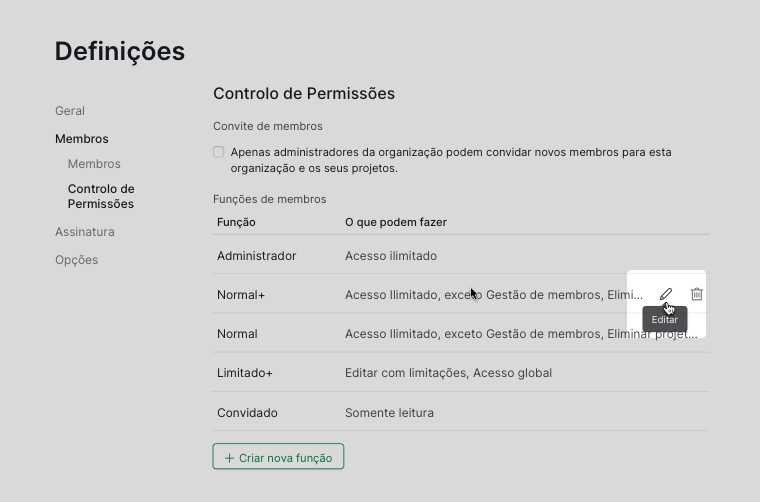 Editar as permissões das funções nas definições da organização do Quire