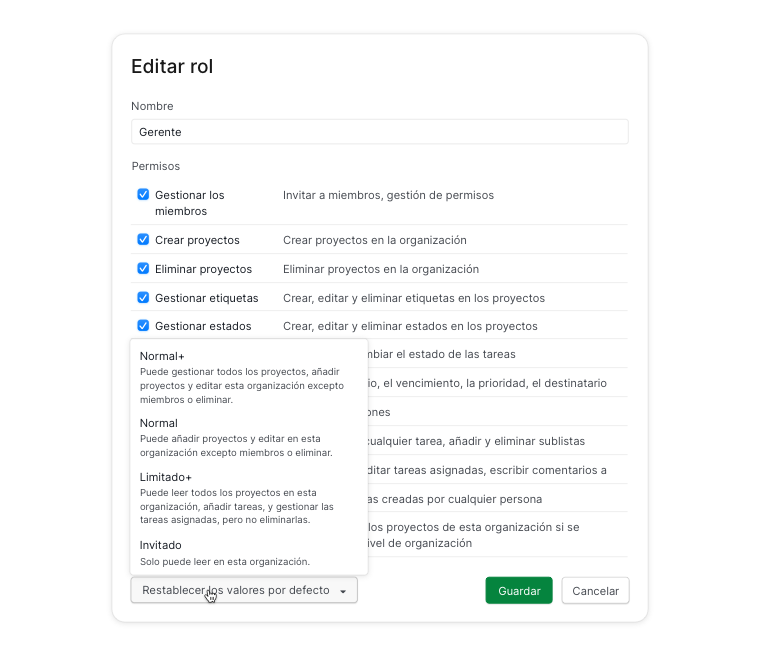 Restablecer el rol de permiso a los valores predeterminados en Quire