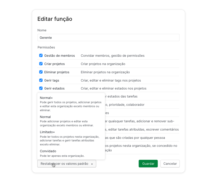Repor a permissão da função para as predefinições no Quire
