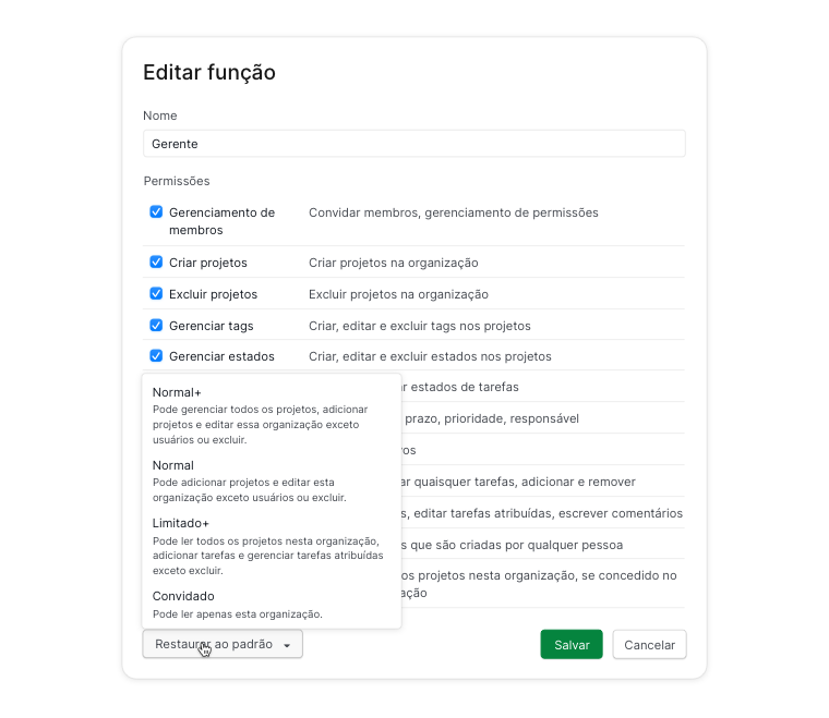 Redefinir Permissão de Função para o padrão no Quire