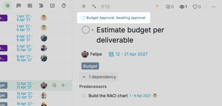 a budget task awaiting approval, with the approval state shown at the top of the task panel