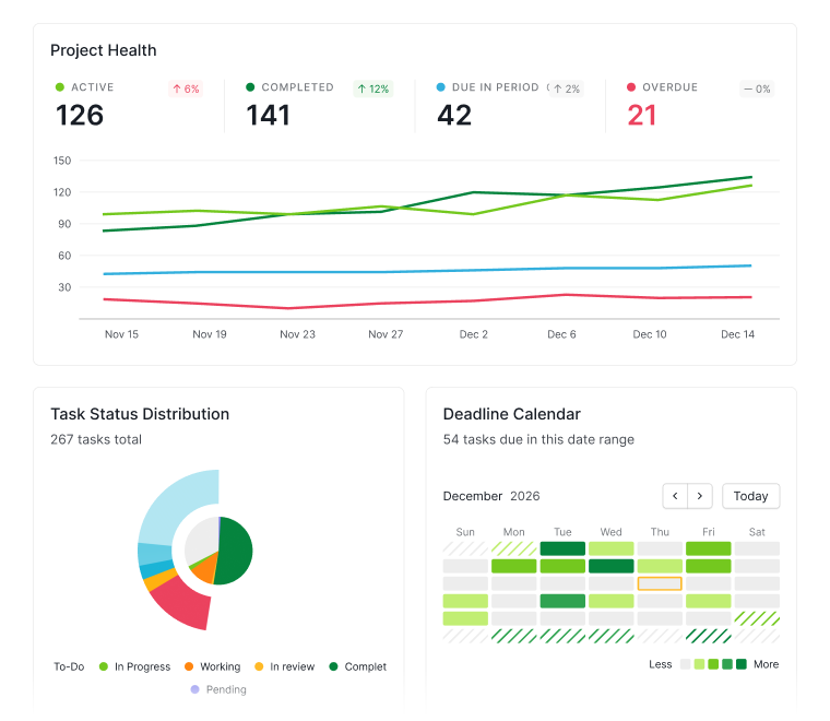 Project Health, Task Status Distribution, Deadline Calendar, and Member Activity widgets on the Overview tab