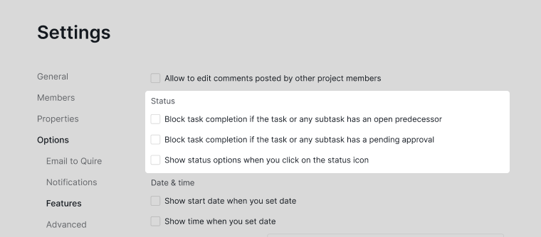 project status settings in Quire project