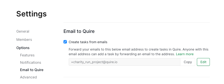 project settings email to Quire