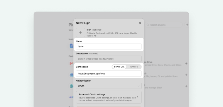 Entering the Quire MCP server URL as a ChatGPT plugin