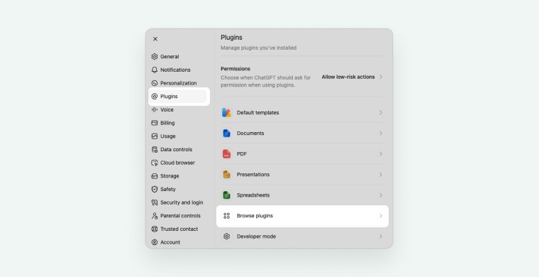 The Plugins section in ChatGPT settings