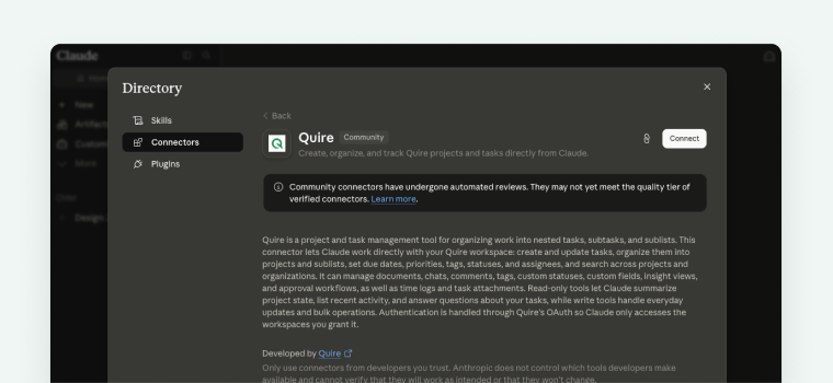 Quire listed in the Claude connector directory