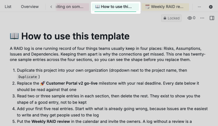 how to use this raid log document inside the quire template