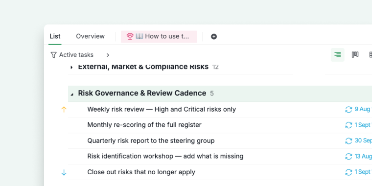 recurring risk review tasks in the governance section of the quire risk register
