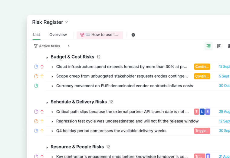 risk register template sections grouped by risk category in quire