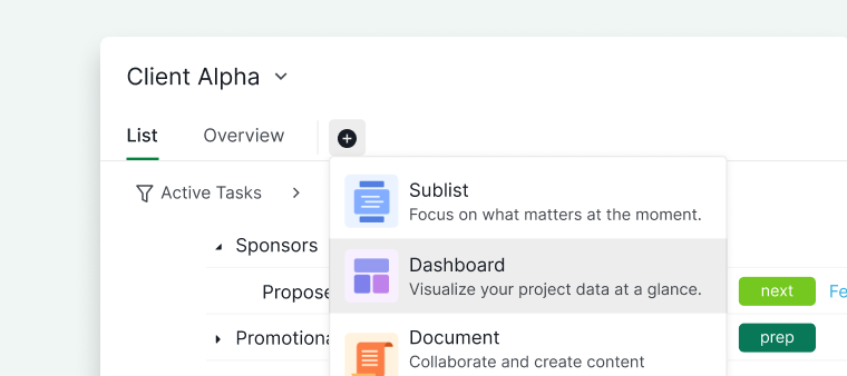 Create a dashboard inside a folder in Quire