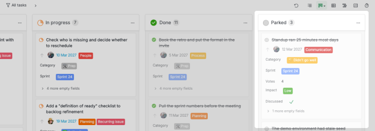 board view with the parked column at the end of the six retrospective statuses