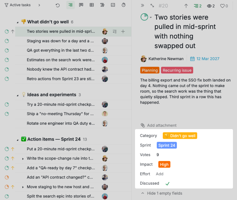 a retrospective item open, showing its description alongside the votes, impact and discussed fields