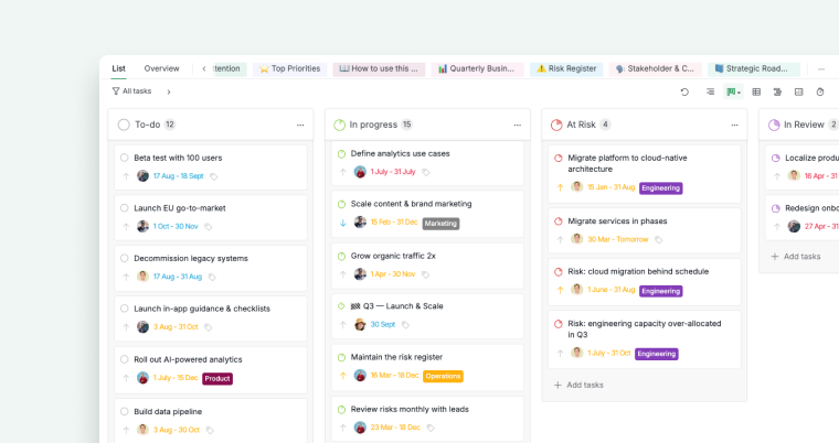 roadmap items grouped by status in quire board view