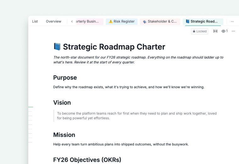 strategic roadmap charter document with vision mission and okrs