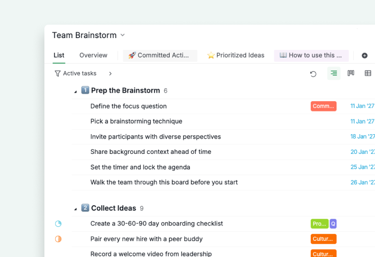 team brainstorm template sections in the main list