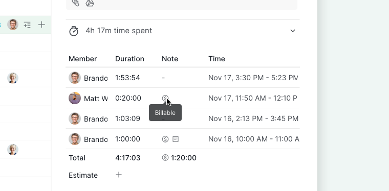 billable icon in time entries section